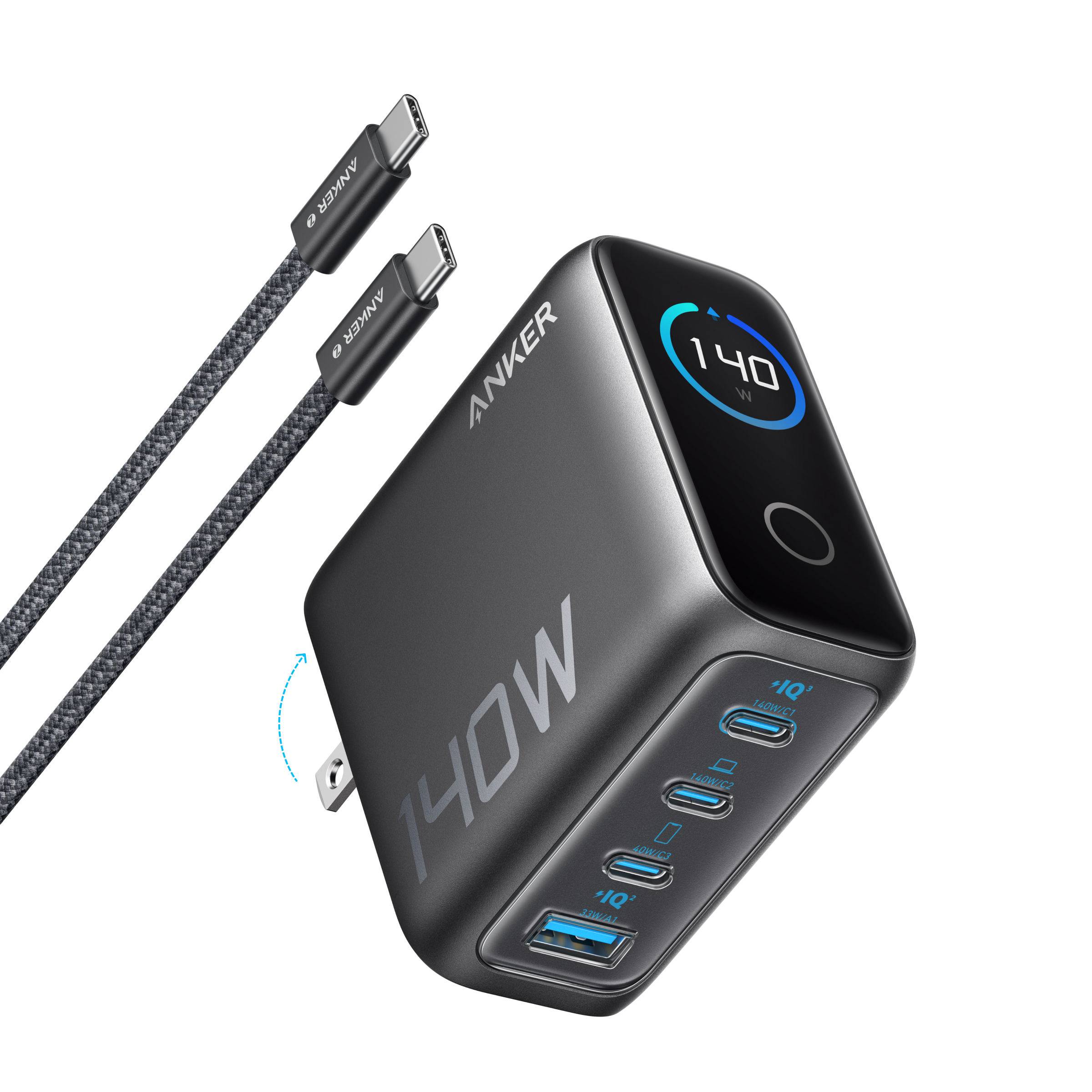 Anker Zolo 140W USB-C Charger, Laptop Charger, 4-Port Multi-Device Fast Charging, Advanced GaN Power Adapter